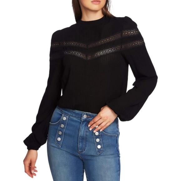 1. State Black Embroidered Yoke Top Long Sleeves - Picture 1 of 7